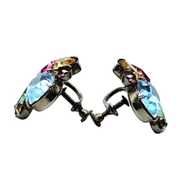 Vintage Rhinestone Earrings Multicolored Pink Blue Green Yellow Screw Back Costu - Picture 6 of 10
